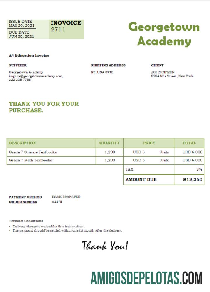 Fatura da Academia Georgetown dos EUA modelo